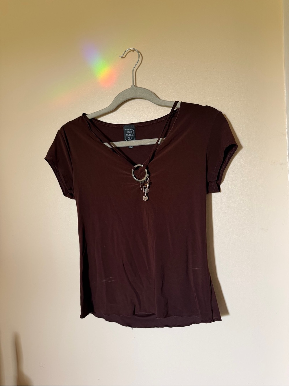 Suzie In The City Short Sleeve V-Neck Top with Ring Pendant - Brown